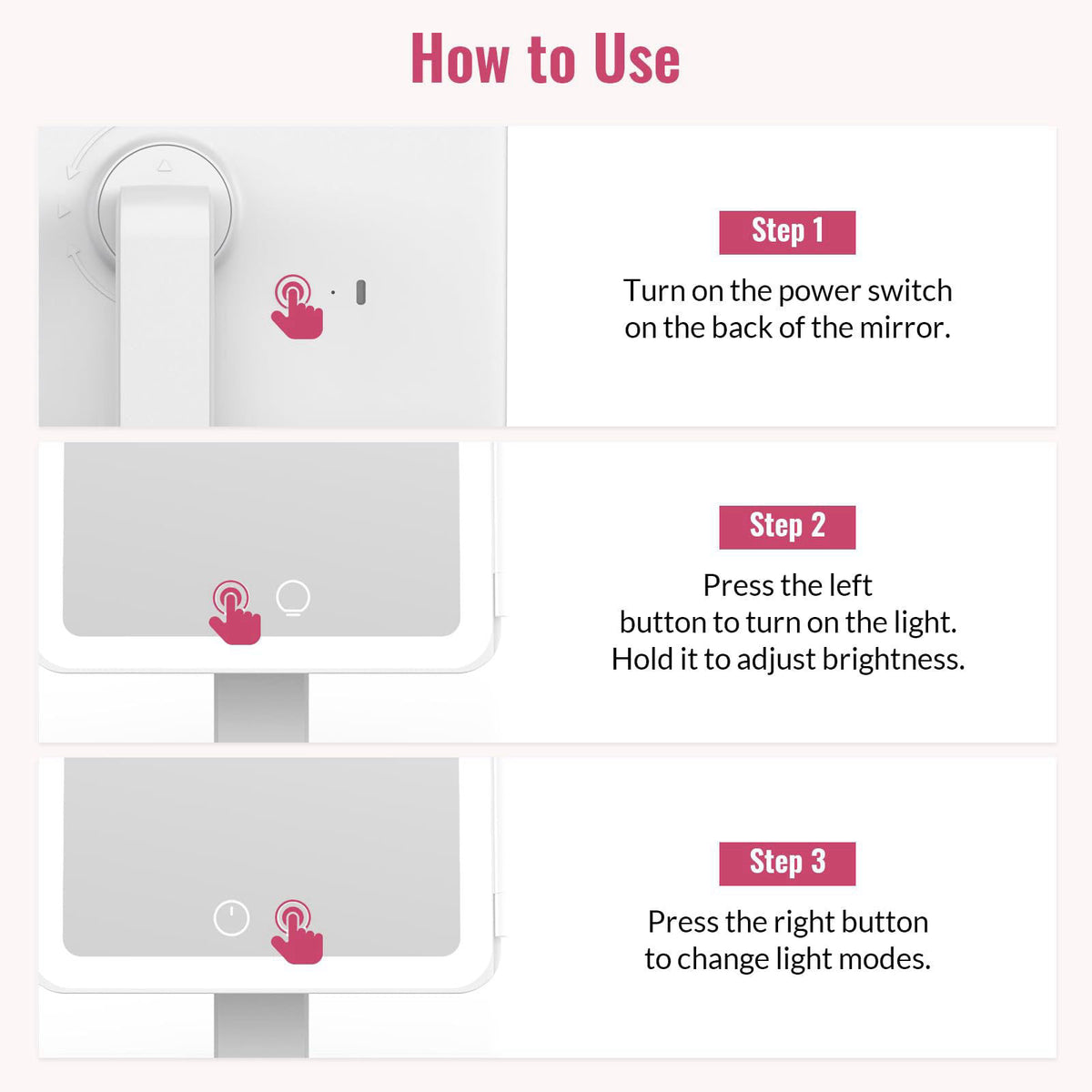 EASEHOLD 2000mAh Rechargeable Lighted Makeup Vanity Mirror, Foldable 64 LED – back view and specifications
