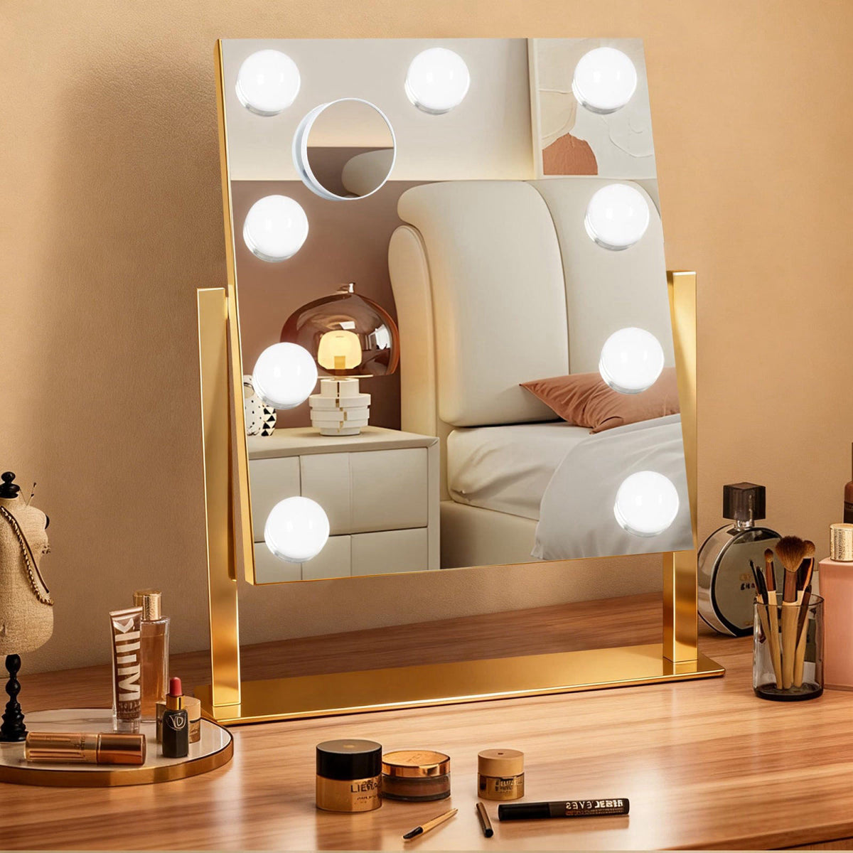 Ratsamee Gold Hollywood Vanity Mirror with Lights, 9 Dimmable Bulbs, 3 Color Lights,Make Up Lighted Mirror, 10x Magnific