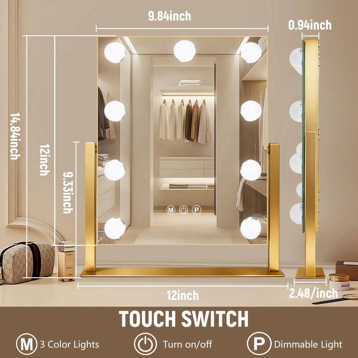 Ratsamee Gold Hollywood Vanity Mirror with Lights, 9 Dimmable Bulbs, 3 Color Lights,Make Up Lighted Mirror, 10x Magnific