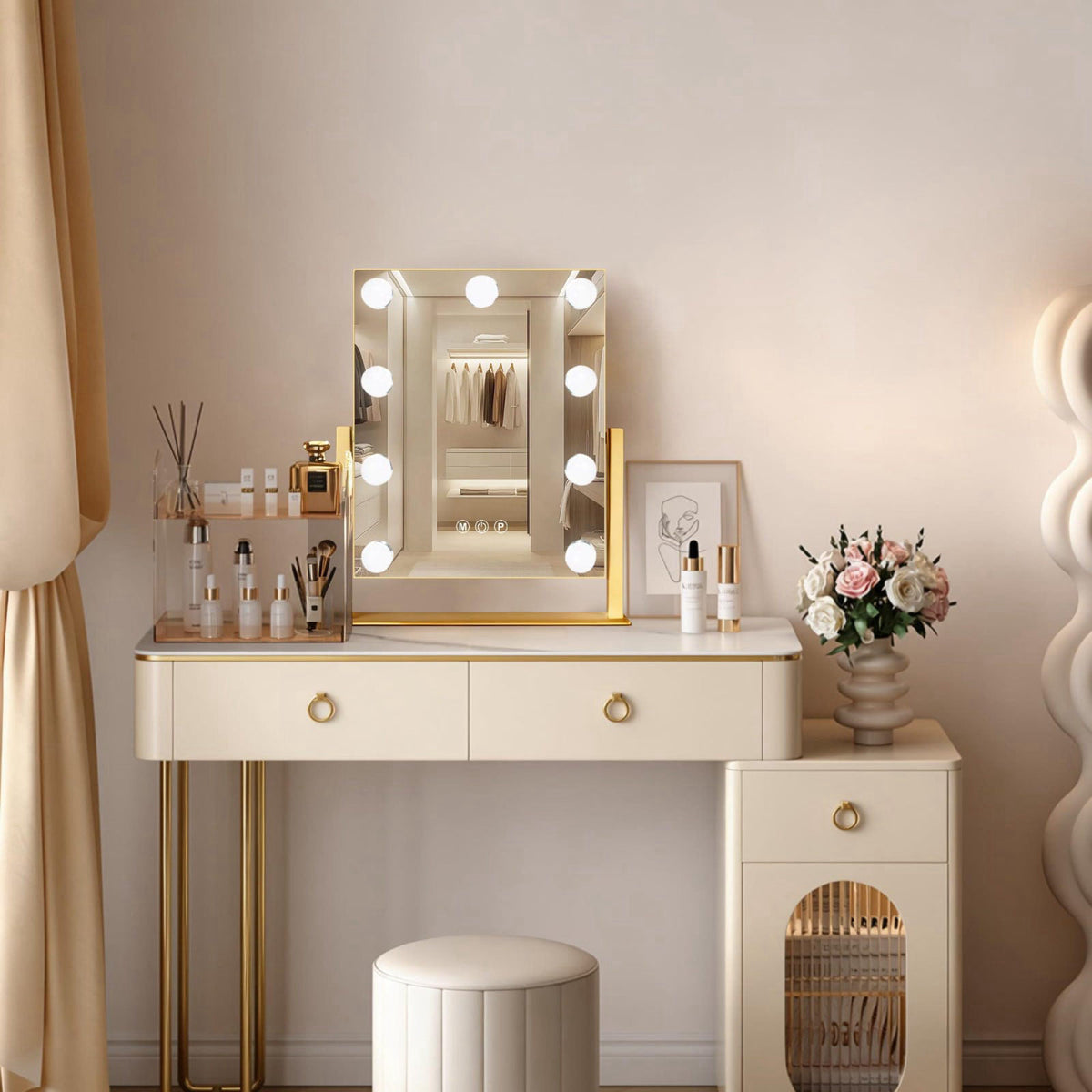 Ratsamee Gold Hollywood Vanity Mirror with Lights, 9 Dimmable Bulbs, 3 Color Lights,Make Up Lighted Mirror, 10x Magnific
