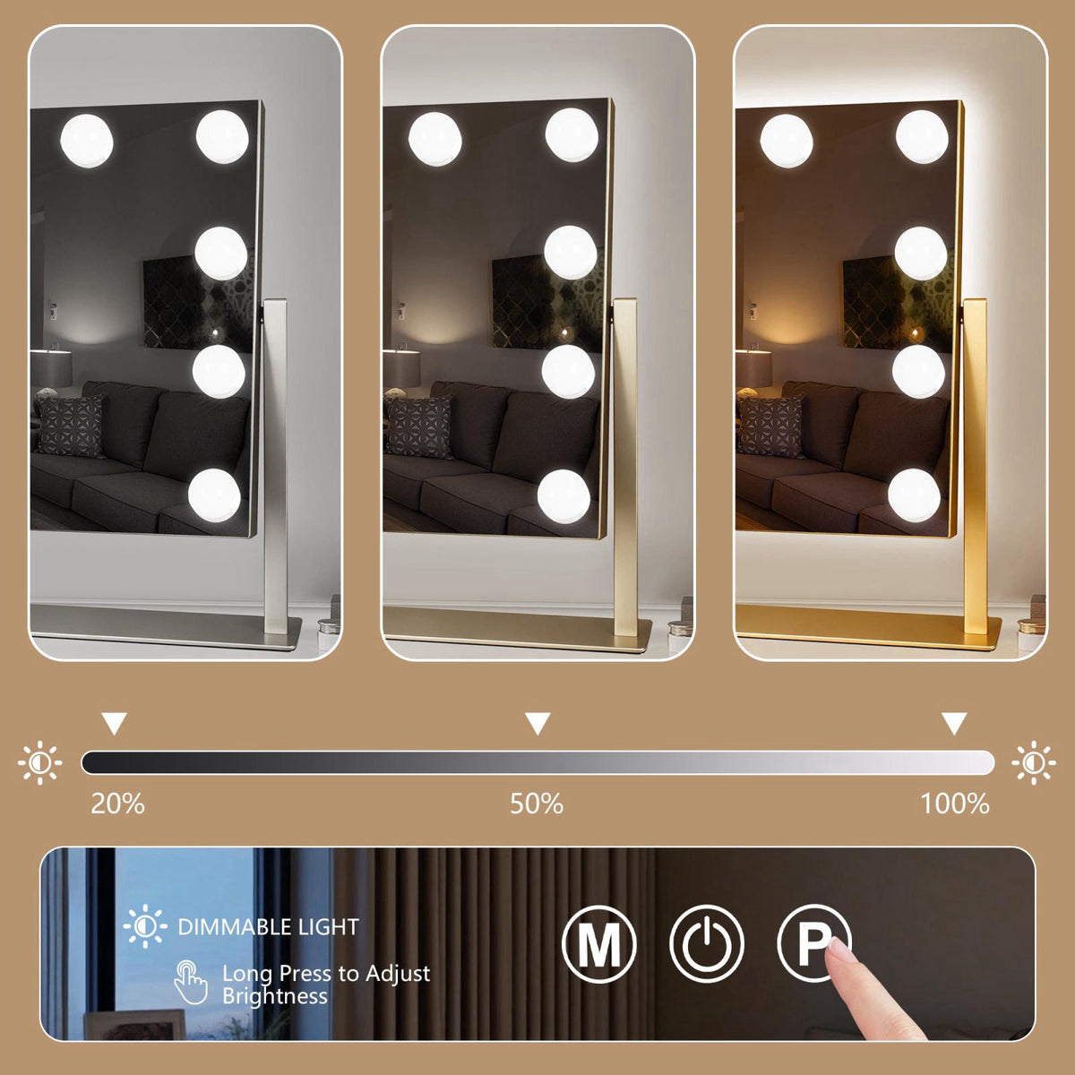 Ratsamee Gold Hollywood Vanity Mirror with Lights, 9 Dimmable Bulbs, 3 Color Lights,Make Up Lighted Mirror, 10x Magnific