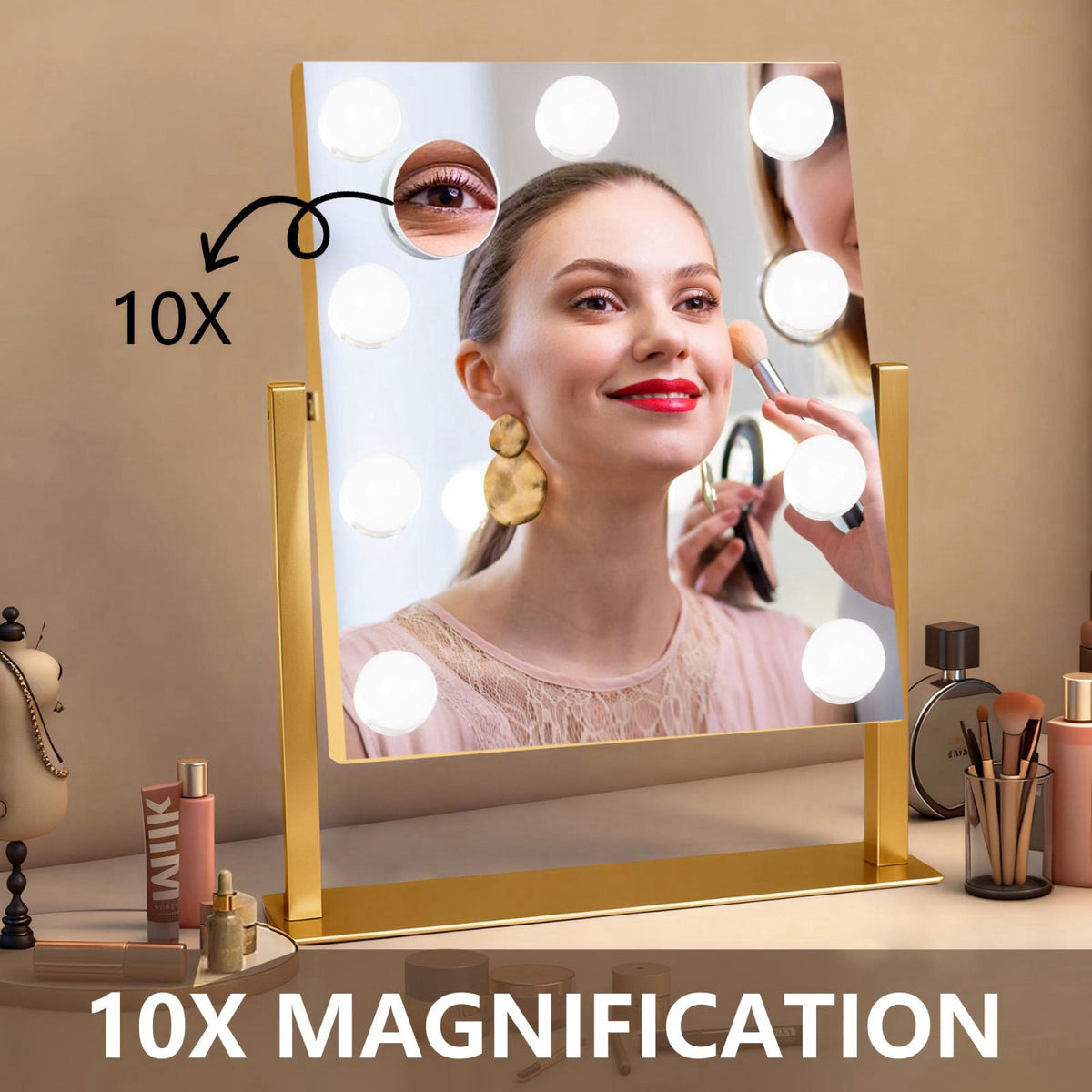 Ratsamee Gold Hollywood Vanity Mirror with Lights, 9 Dimmable Bulbs, 3 Color Lights,Make Up Lighted Mirror, 10x Magnific