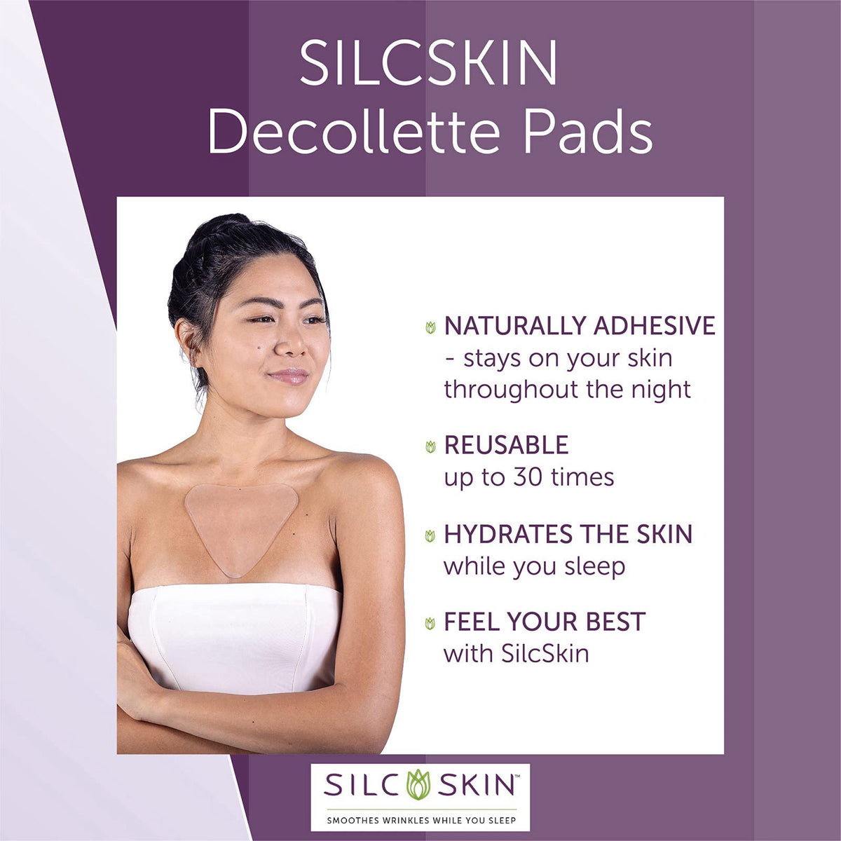 Silc Skin Decollette Pad for Chest Wrinkles, 30 Day Supply – back view and specifications
