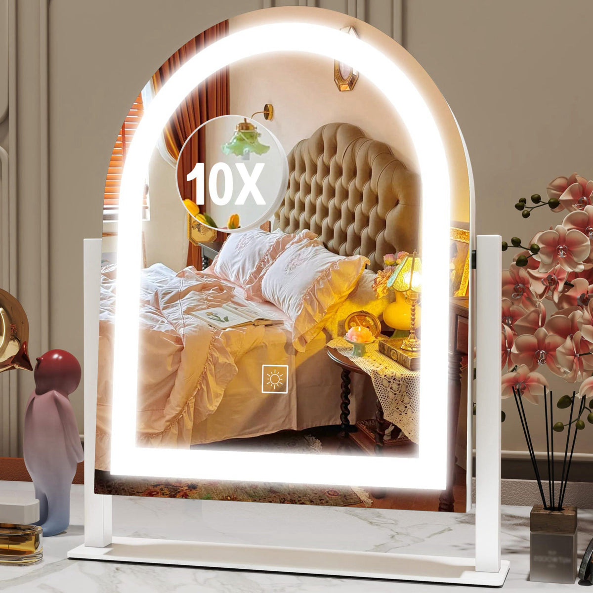 ROLOVE Lighted Makeup Mirror with 3-Color Dimmable Lighting, with Removable 10x Magnifier, Smart Touch Control, 360° Rot
