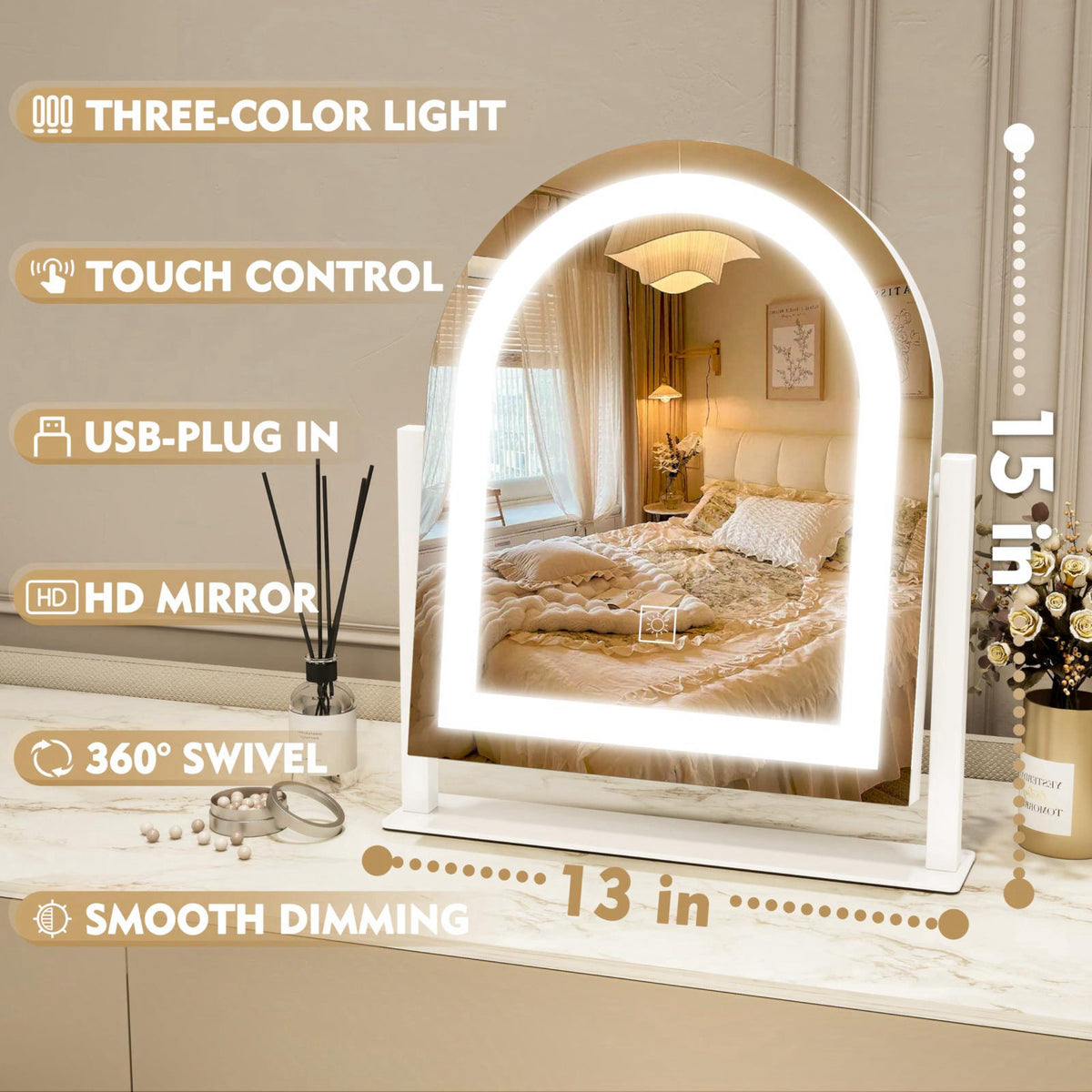 ROLOVE Lighted Makeup Mirror with 3-Color Dimmable Lighting, with Removable 10x Magnifier, Smart Touch Control, 360° Rot