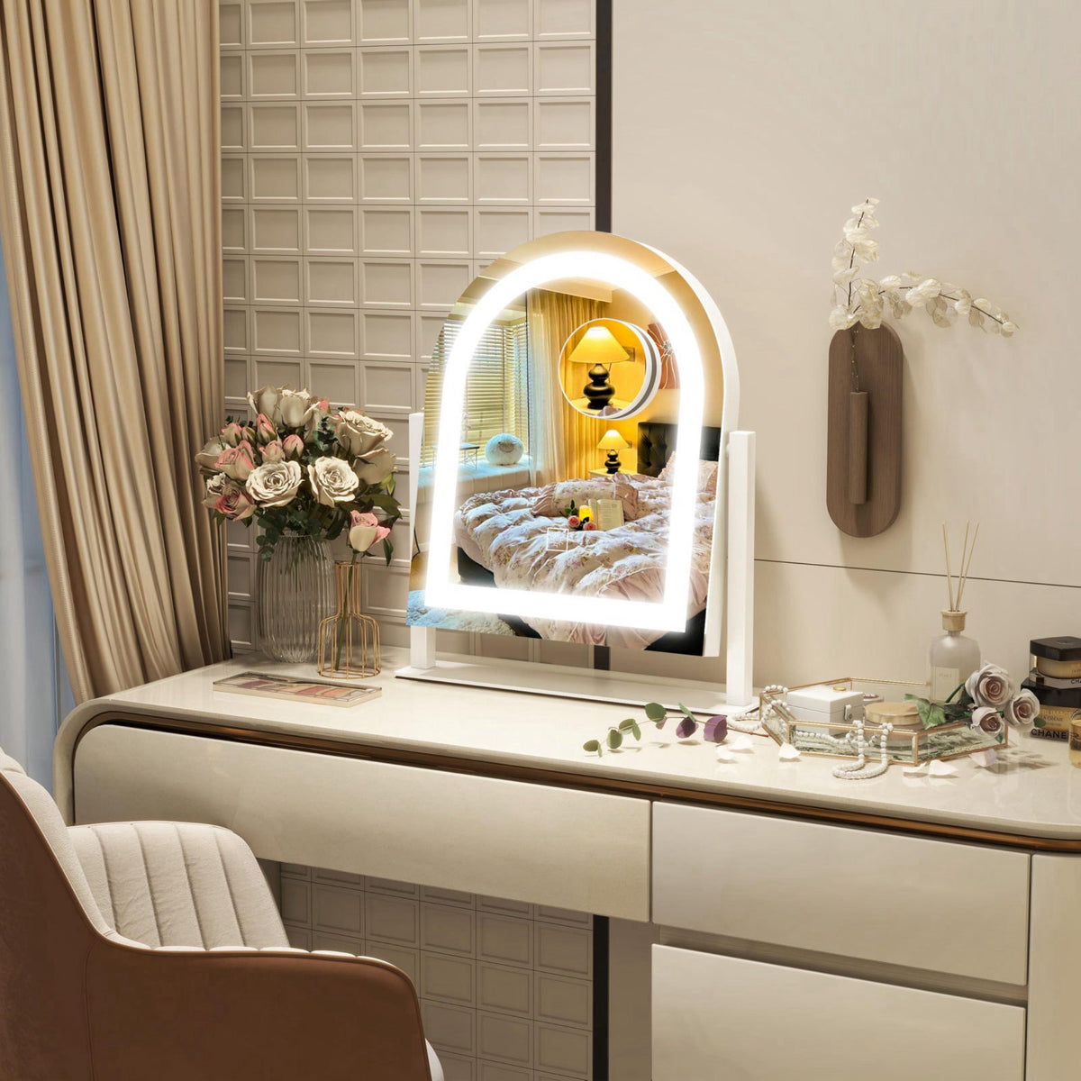 ROLOVE Lighted Makeup Mirror with 3-Color Dimmable Lighting, with Removable 10x Magnifier, Smart Touch Control, 360° Rot