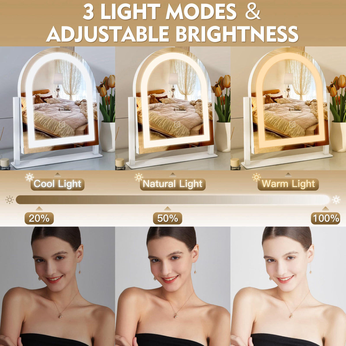ROLOVE Lighted Makeup Mirror with 3-Color Dimmable Lighting, with Removable 10x Magnifier, Smart Touch Control, 360° Rot