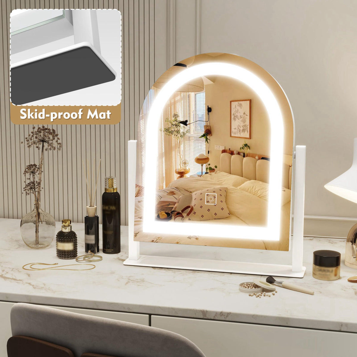 ROLOVE Lighted Makeup Mirror with 3-Color Dimmable Lighting, with Removable 10x Magnifier, Smart Touch Control, 360° Rot