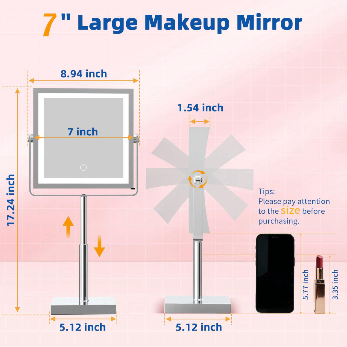 Ruacq Makeup Mirror with Lights 1X/10X Height Adjustable Chrome – close-up detail