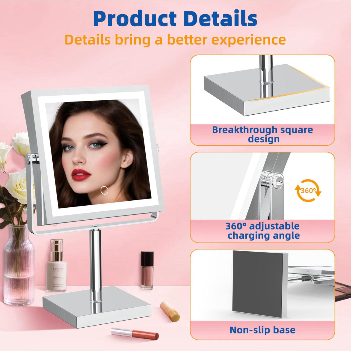 Ruacq Makeup Mirror with Lights 1X/10X Height Adjustable Chrome – back view and specifications