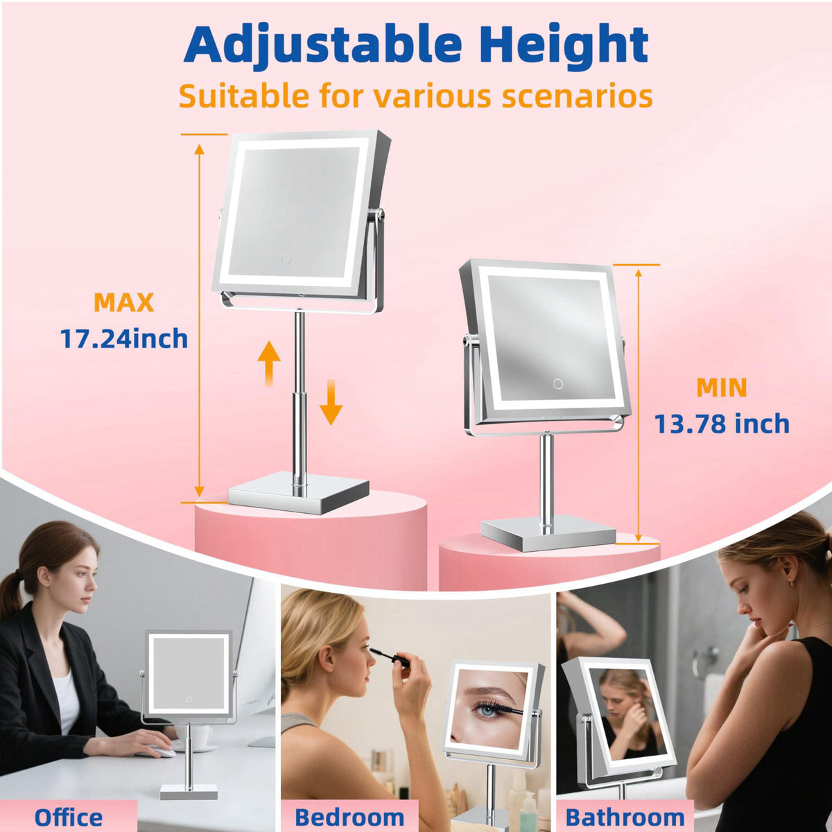 Ruacq Makeup Mirror with Lights 1X/10X Height Adjustable Chrome – alternate angle
