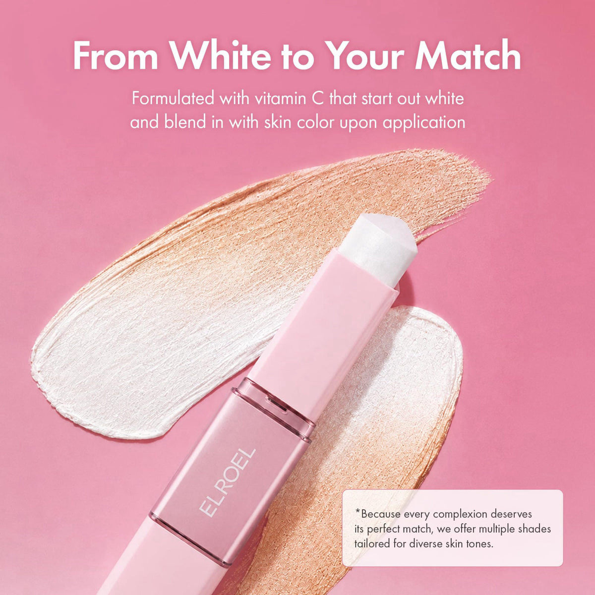 ELROEL Blanc Cover Mela Stick - Color Changing Foundation Stick (Deep) – back view and specifications