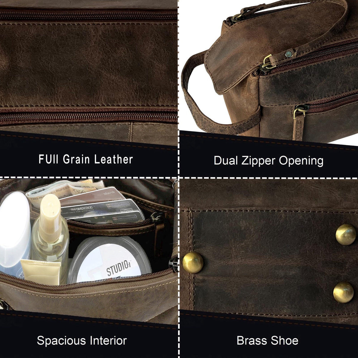 RUSTIC TOWN Leather Toiletry Bag for Men - Full Grain Travel Dopp Kit & Shaving Bag – back view and specifications