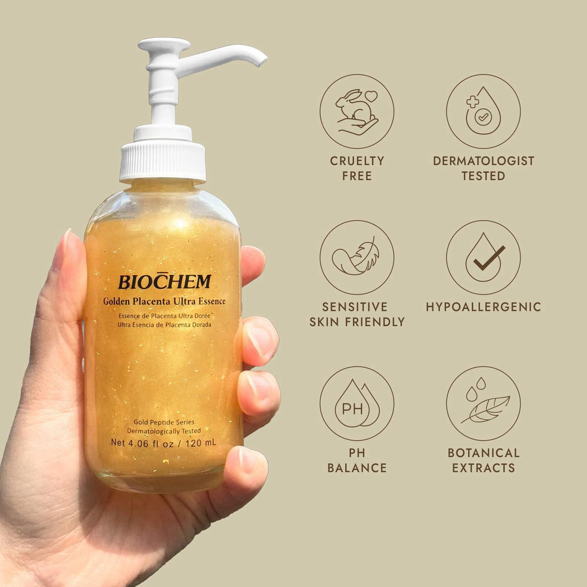 BIOCHEM Golden Placenta Ultra Essence - Placenta Face Serum with Gold Foil, Anti-aging, Hydrating, Firming, Wrinkles, Fi