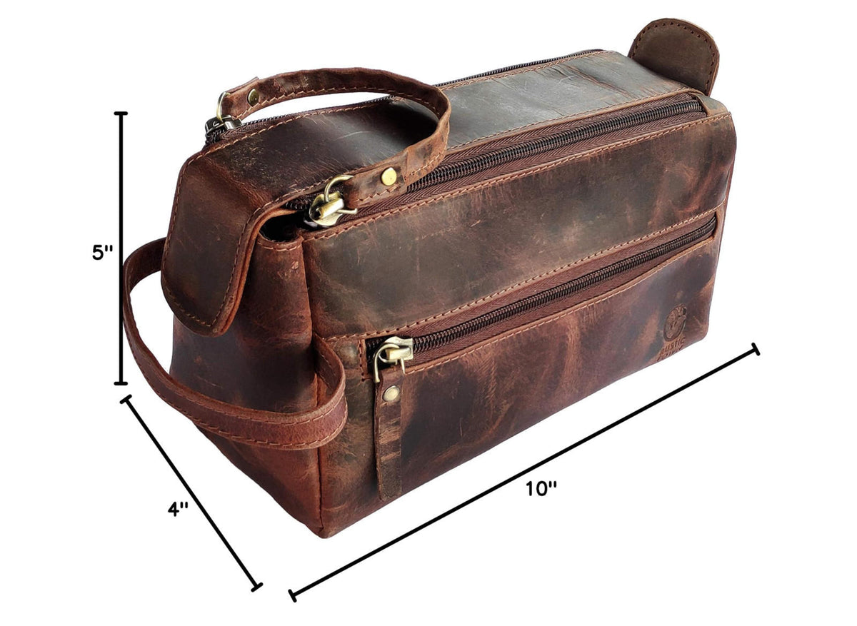 RUSTIC TOWN Leather Toiletry Bag for Men - Full Grain Travel Dopp Kit & Shaving Bag – close-up detail in Walnut Brown