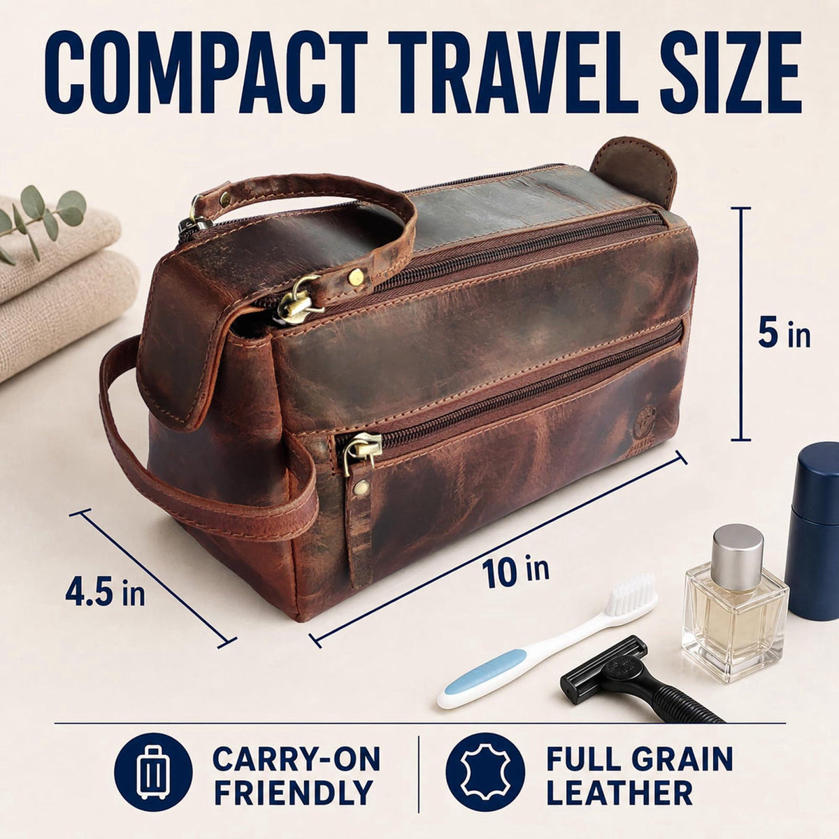 RUSTIC TOWN Leather Toiletry Bag for Men - Full Grain Travel Dopp Kit & Shaving Bag – packaging and label