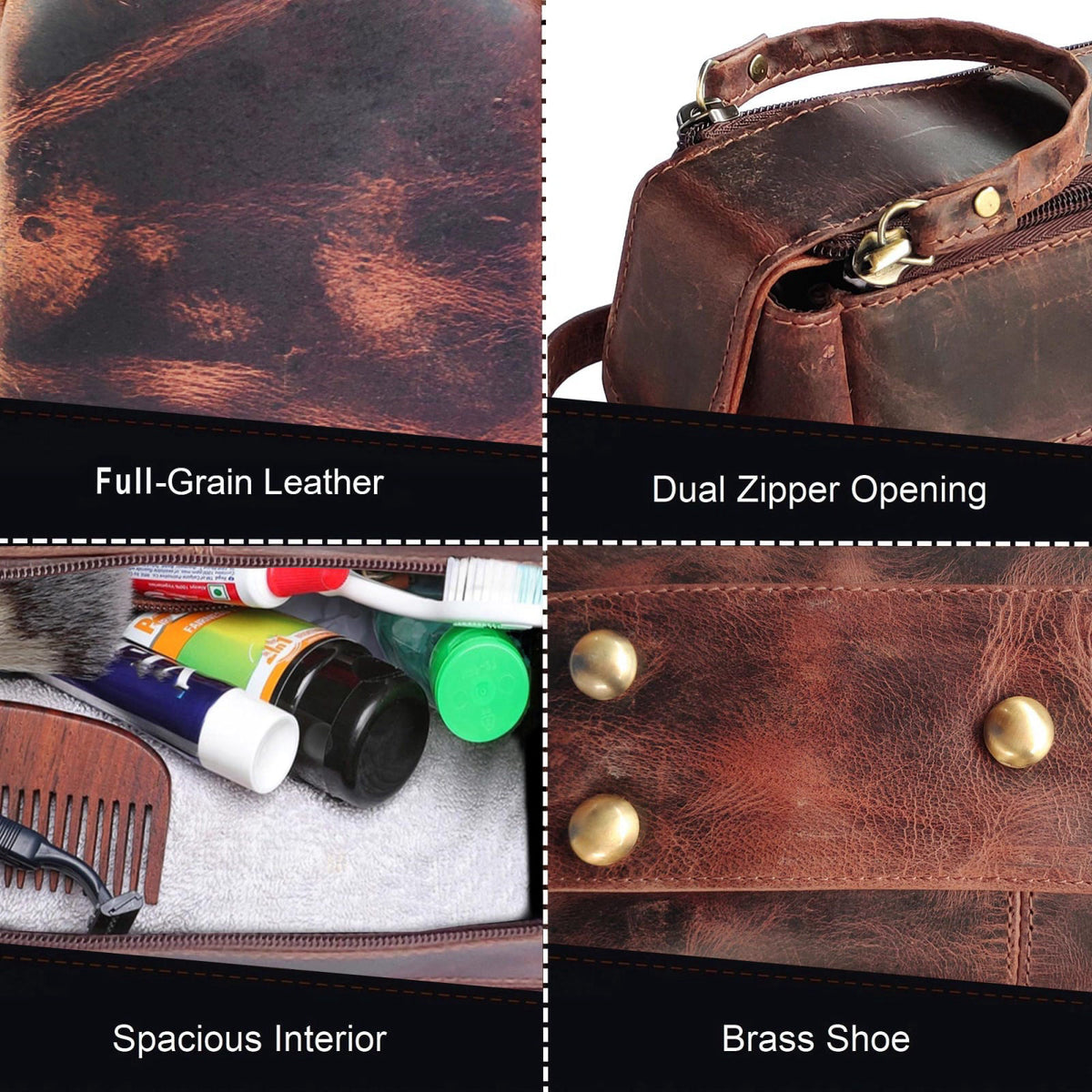 RUSTIC TOWN Leather Toiletry Bag for Men - Full Grain Travel Dopp Kit & Shaving Bag – full view