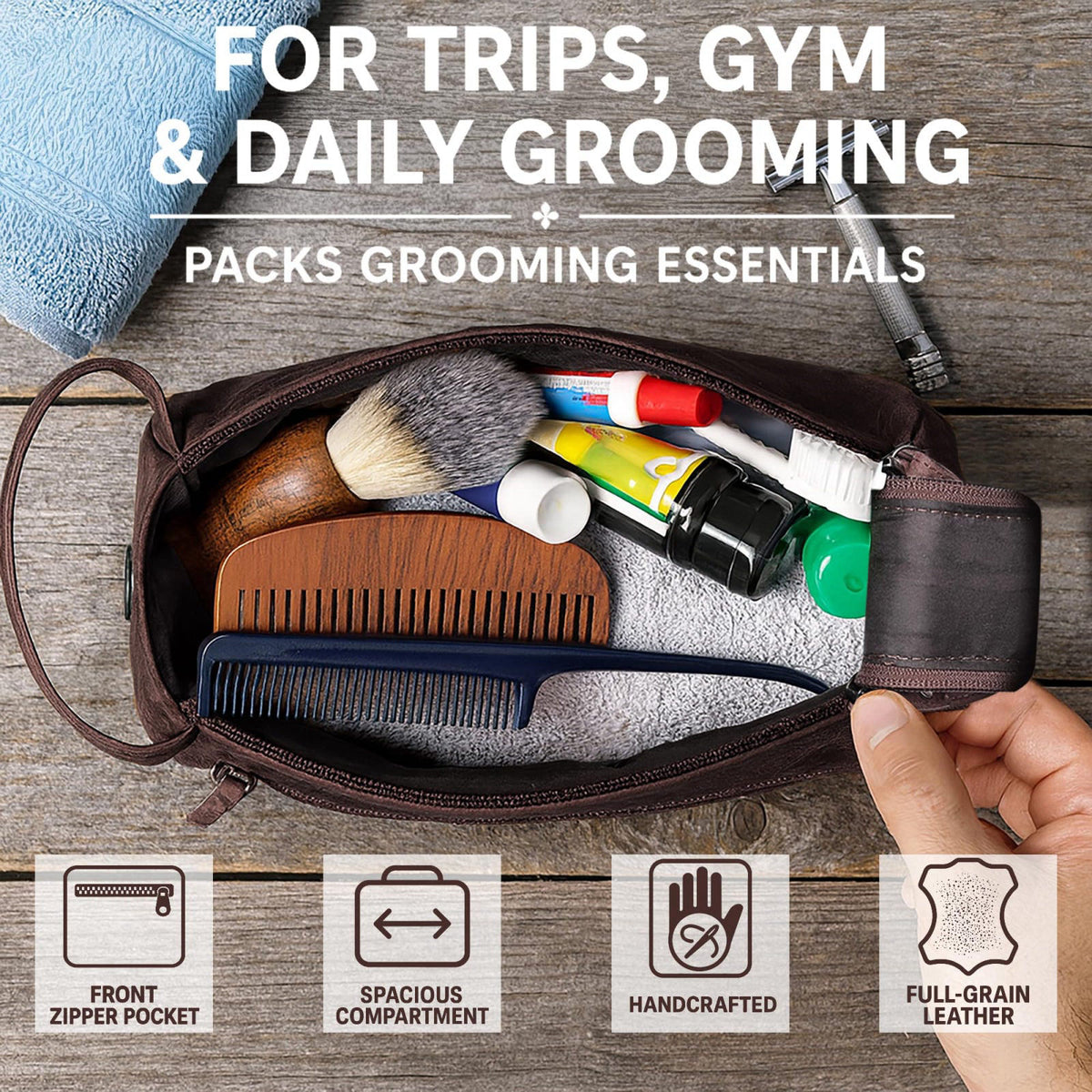 RUSTIC TOWN Leather Toiletry Bag for Men - Full Grain Travel Dopp Kit & Shaving Bag – back view and specifications