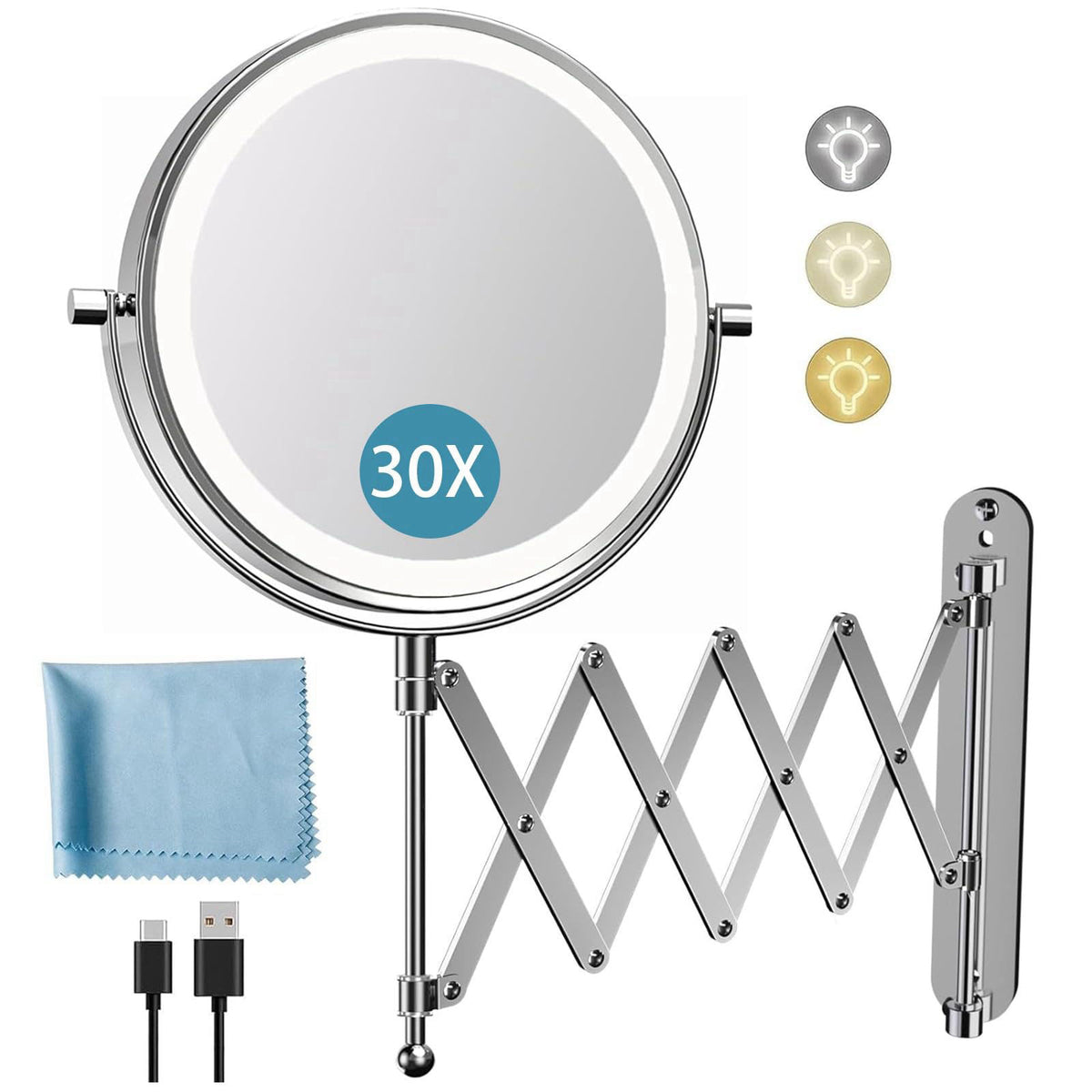 FASCINATE 8" Rechargeable Wall Mounted Makeup Mirror Double Sided Magnifying – product photo (Makeup Mirrors)