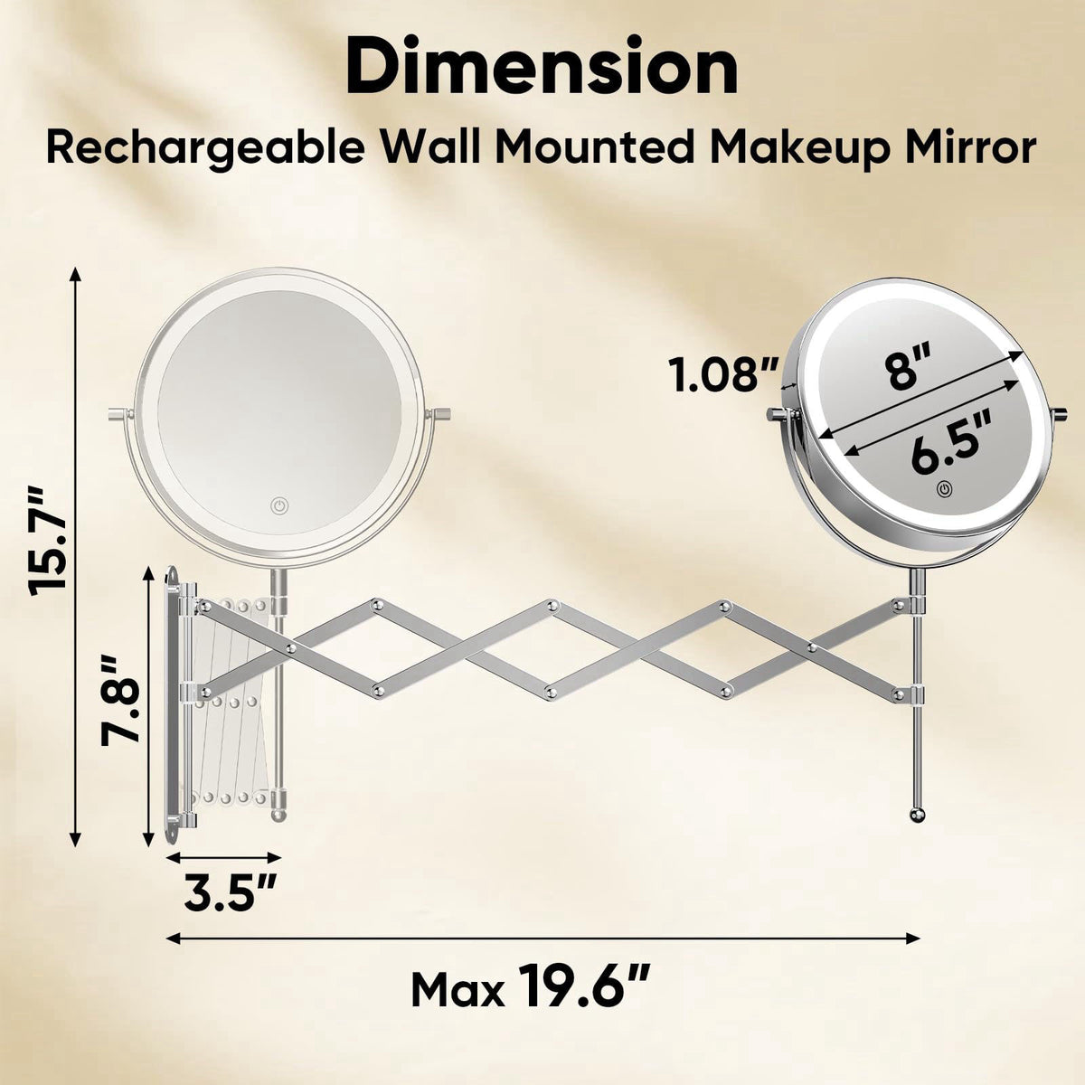 FASCINATE 8" Rechargeable Wall Mounted Makeup Mirror Double Sided Magnifying – close-up detail in Chrome