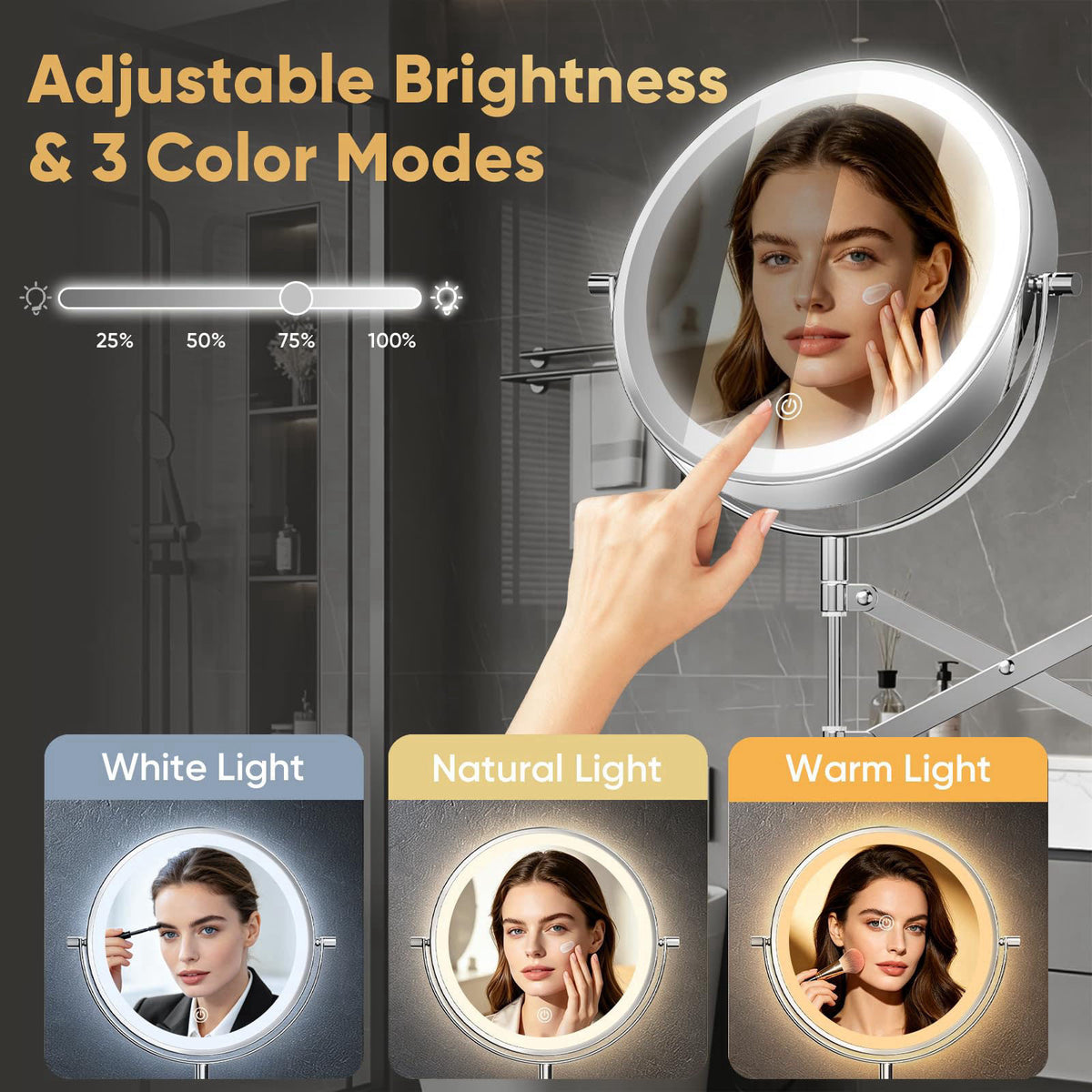 FASCINATE 8" Rechargeable Wall Mounted Makeup Mirror Double Sided Magnifying – back view and specifications