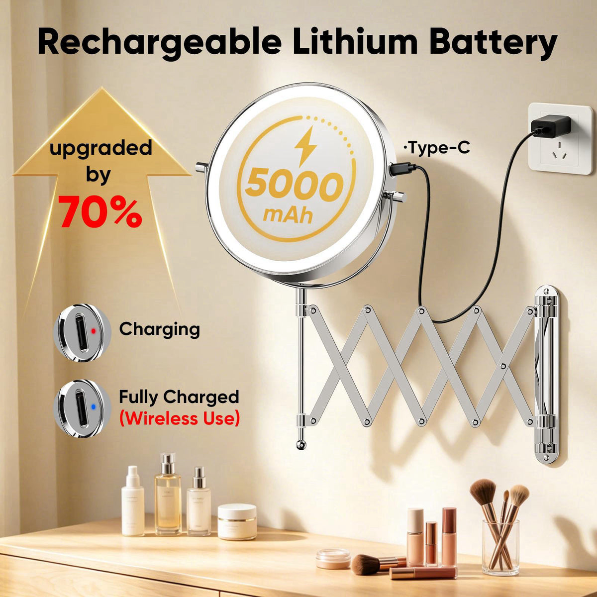 FASCINATE 8" Rechargeable Wall Mounted Makeup Mirror Double Sided Magnifying – alternate angle