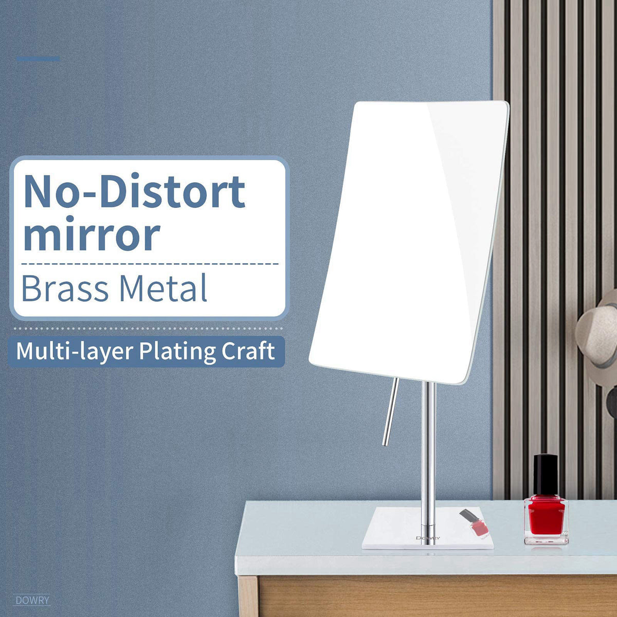 DOWRY Tabletop Magnifying Makeup Mirror Vanity Mirror Polished Chrome – back view and specifications