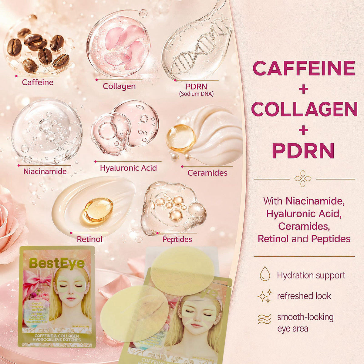 Besteye Collagen Under Eye Patches for Puffy Eyes and Dark Circles,Eye Mask – back view and specifications