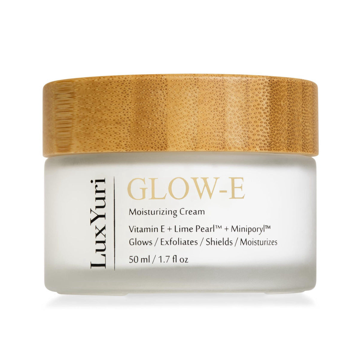 LUXYURI Glow-E Moisturizing Cream with Vitamin E, Lime Pearl and Miniporyl, 50 ml, 1.7 fl oz – packaging and label