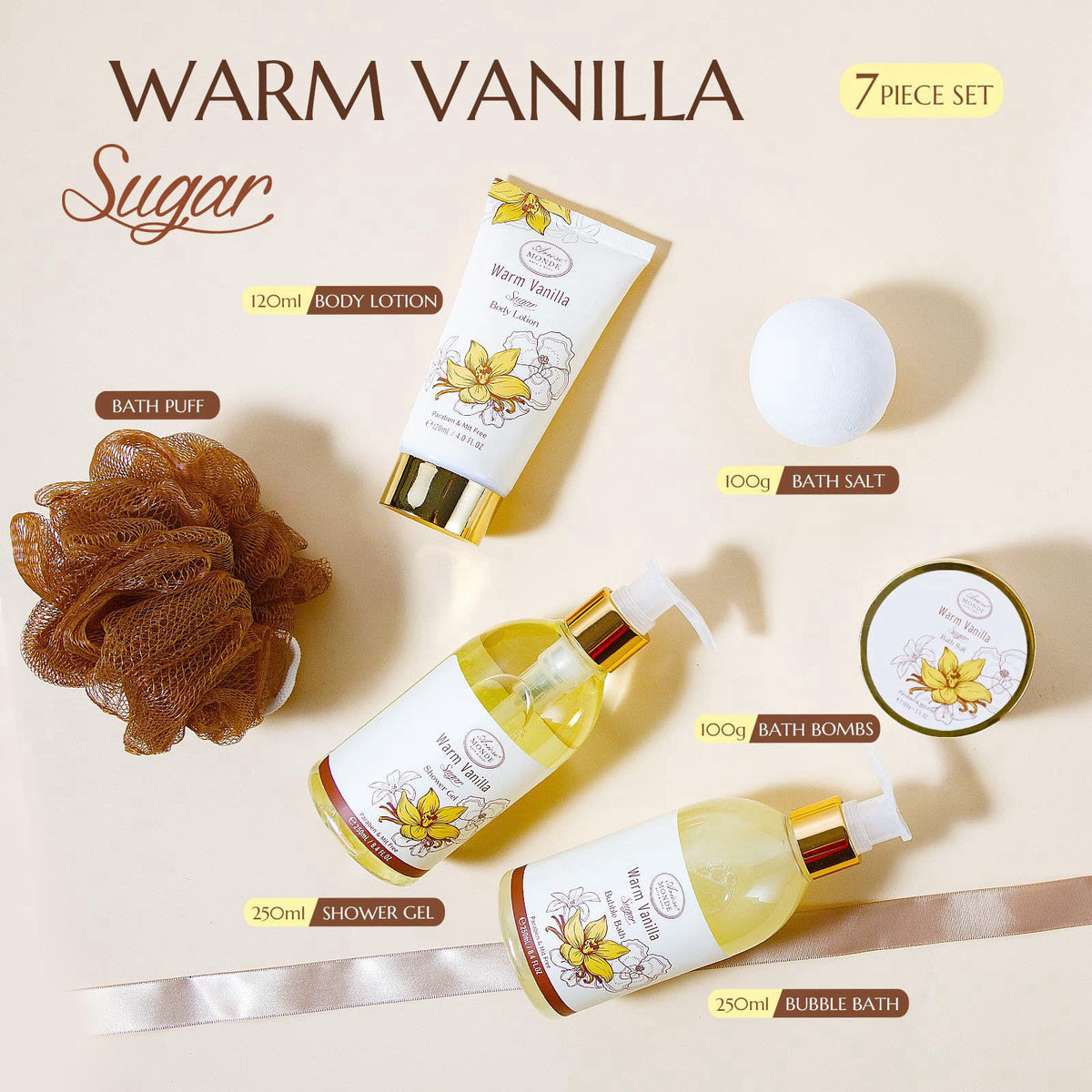 ArioseMonde Bath and Body Warm Vanilla Sugar Gift Set, 7pcs Gift Basket for Women, Mom – packaging and label