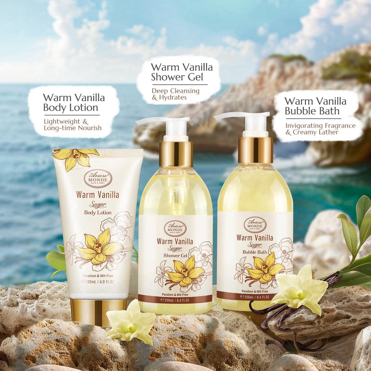 ArioseMonde Bath and Body Warm Vanilla Sugar Gift Set, 7pcs Gift Basket for Women, Mom – full view, size 7 Piece set