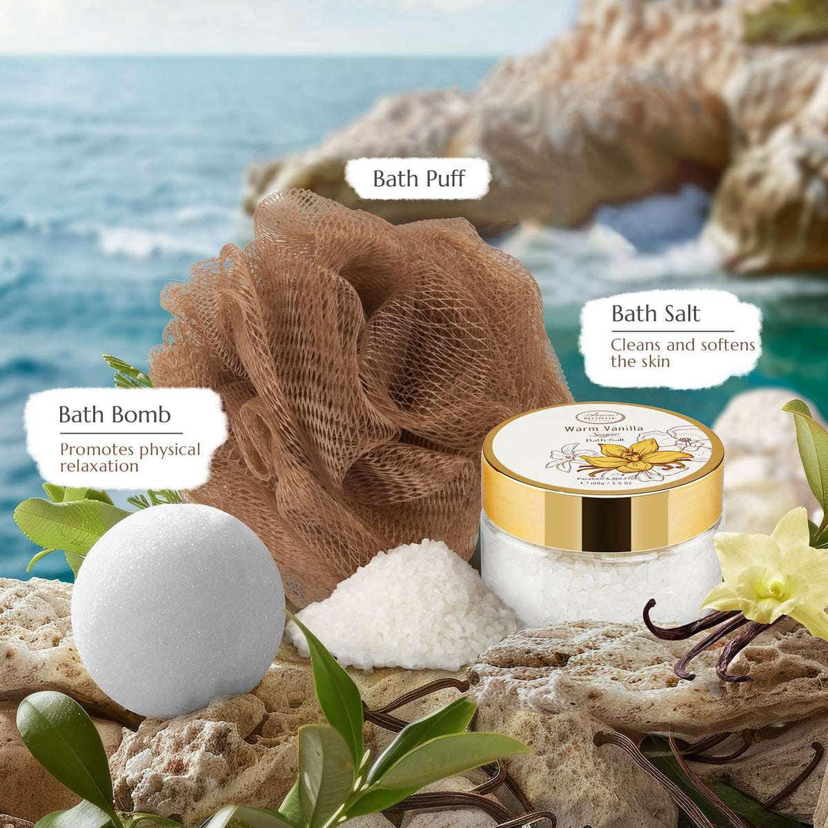 ArioseMonde Bath and Body Warm Vanilla Sugar Gift Set, 7pcs Gift Basket for Women, Mom – back view and specifications