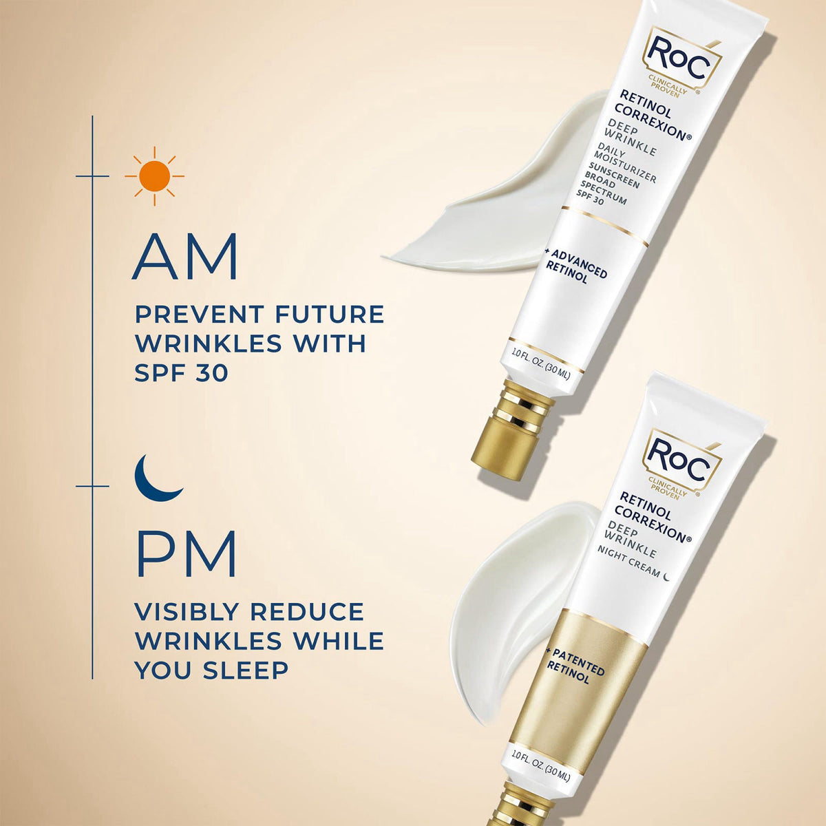 RoC Retinol Correxion Deep Wrinkle Facial Moisturizer Skin Care Bundle: Retinol Correxion Deep Wrinkle Night Cream + Dee