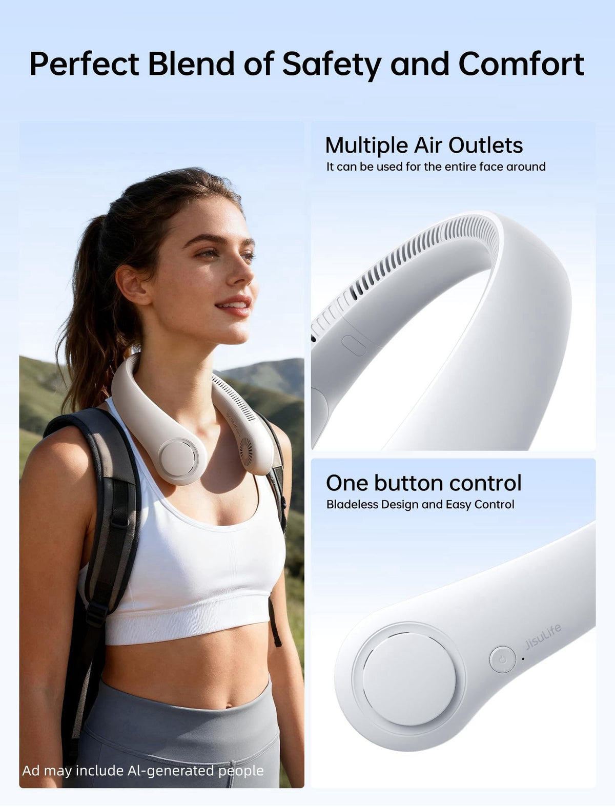 JISULIFE Portable Neck Fan, Hands-Free Bladeless, 5 Speeds, 4000 mAh – full view