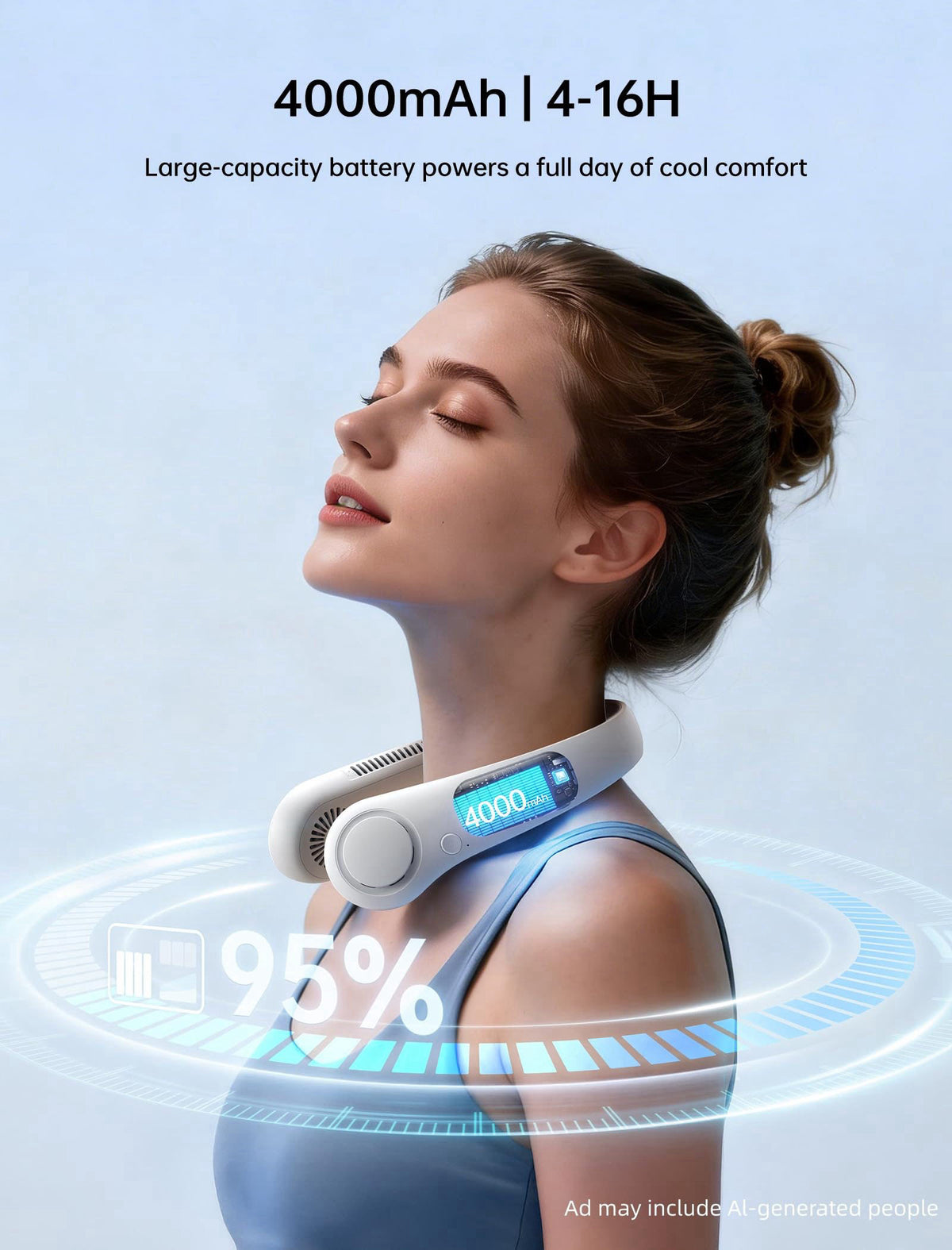 JISULIFE Portable Neck Fan, Hands-Free Bladeless, 5 Speeds, 4000 mAh – back view and specifications