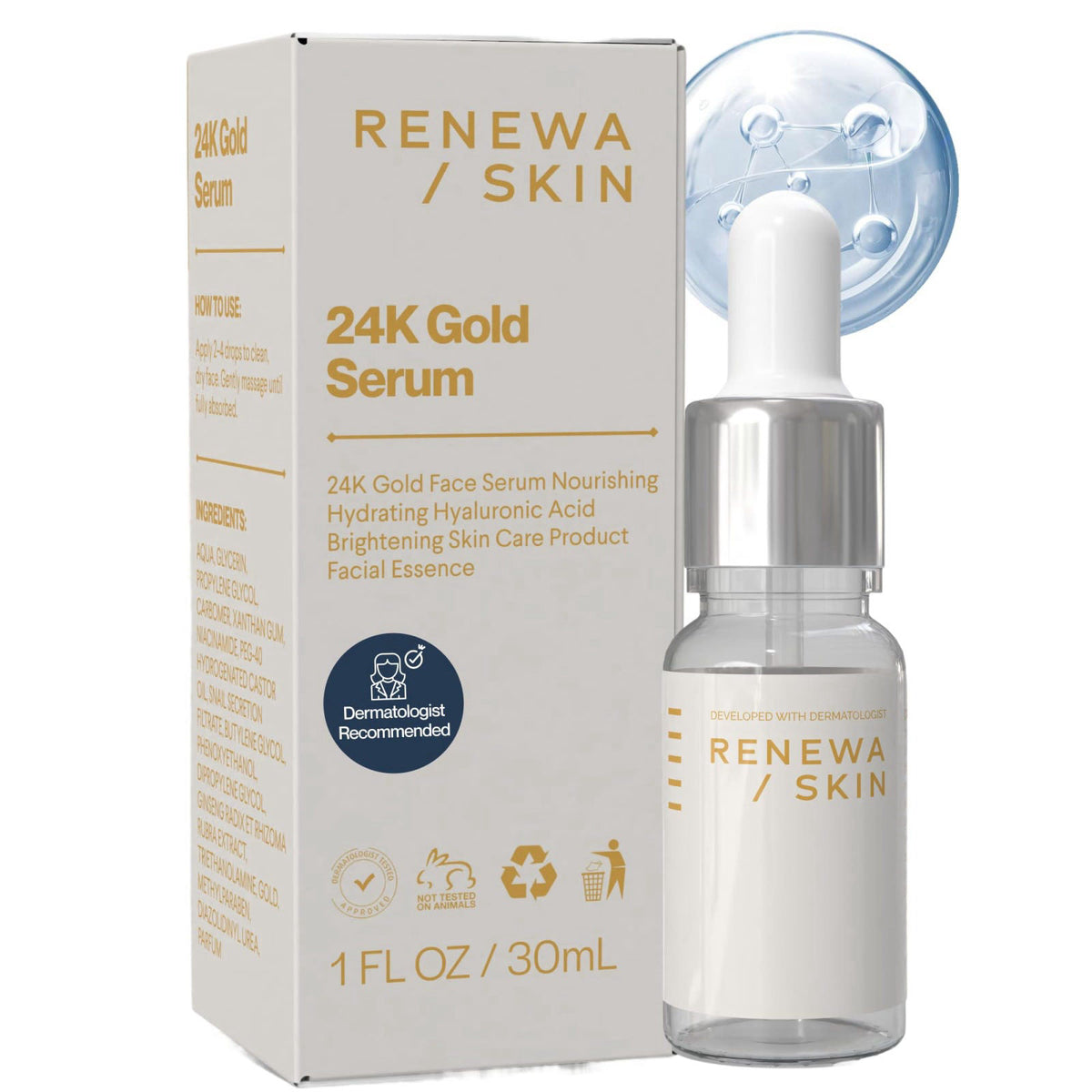 Renewa Skin 24K Gold Niacinamide Serum for Face – Hydrating & Brightening Facial Serum with Ginseng Extract – Helps Smoo