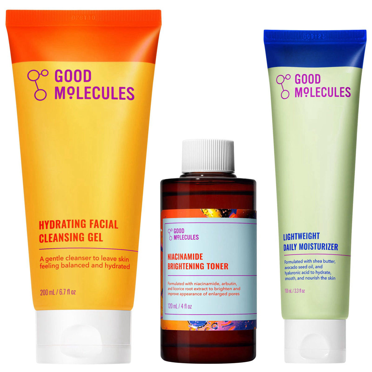 Good Molecules Cleanse, Tone & Moisturize Skincare Set – Hydrating Facial Cleansing Gel (200ml), Niacinamide Brightening