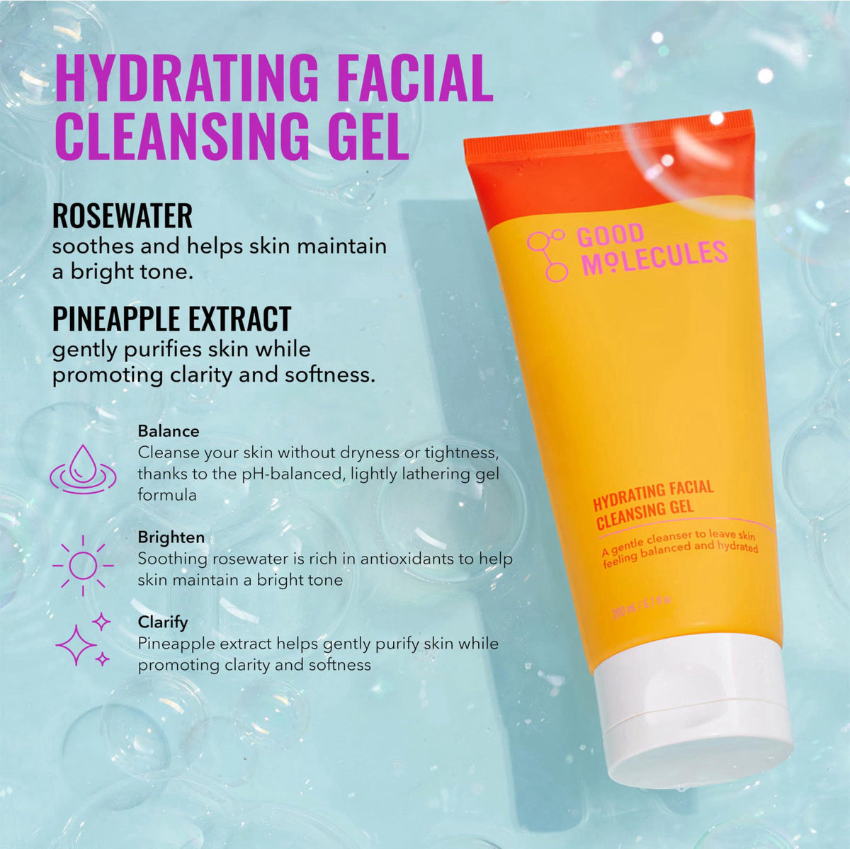Good Molecules Cleanse, Tone & Moisturize Skincare Set – Hydrating Facial Cleansing Gel (200ml), Niacinamide Brightening