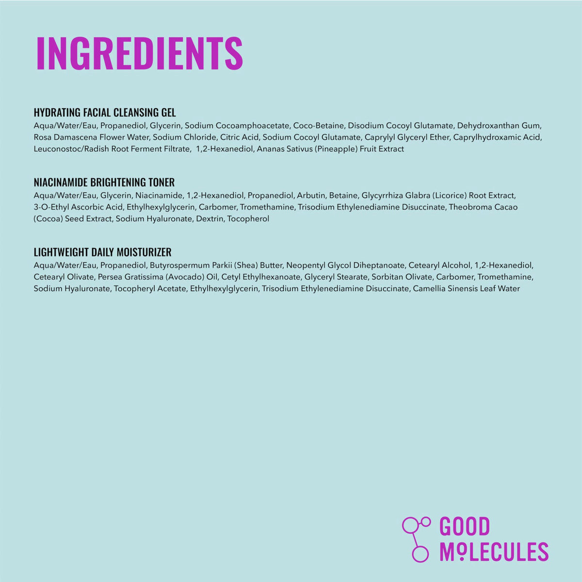 Good Molecules Cleanse, Tone & Moisturize Skincare Set – Hydrating Facial Cleansing Gel (200ml), Niacinamide Brightening