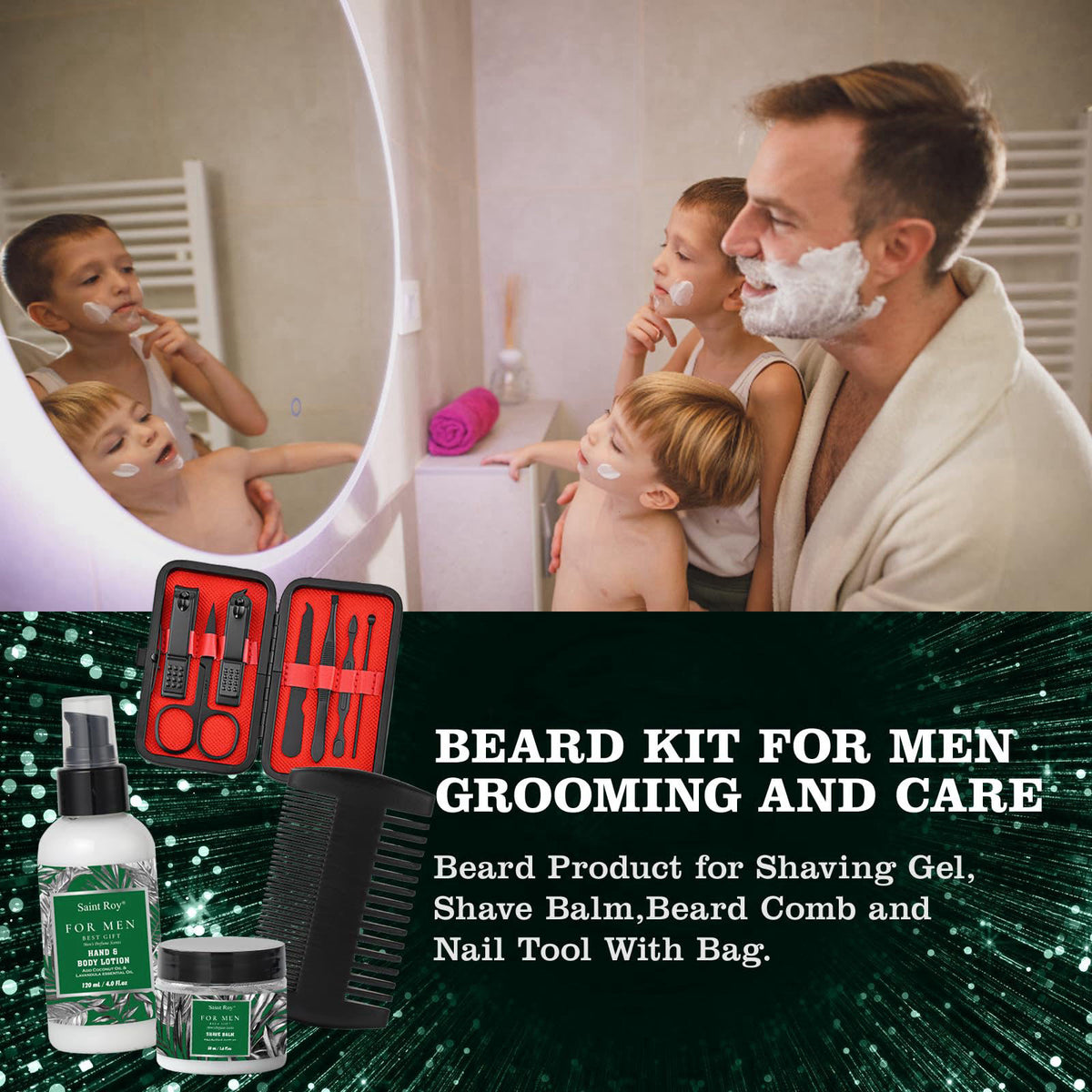 Saint Roy 15Pc Man Perfume Beard Grooming Spa Set For Men, Facial Skin Care Set – packaging and label