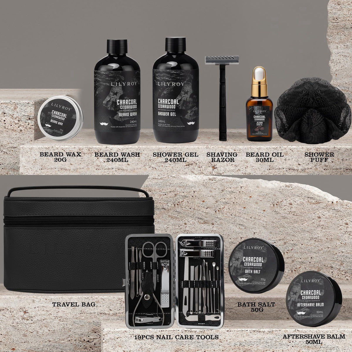 LILY ROY Fathers Day Spa Gifts for Men - Bath and Beard Gift Set for Men & Dad – packaging and label