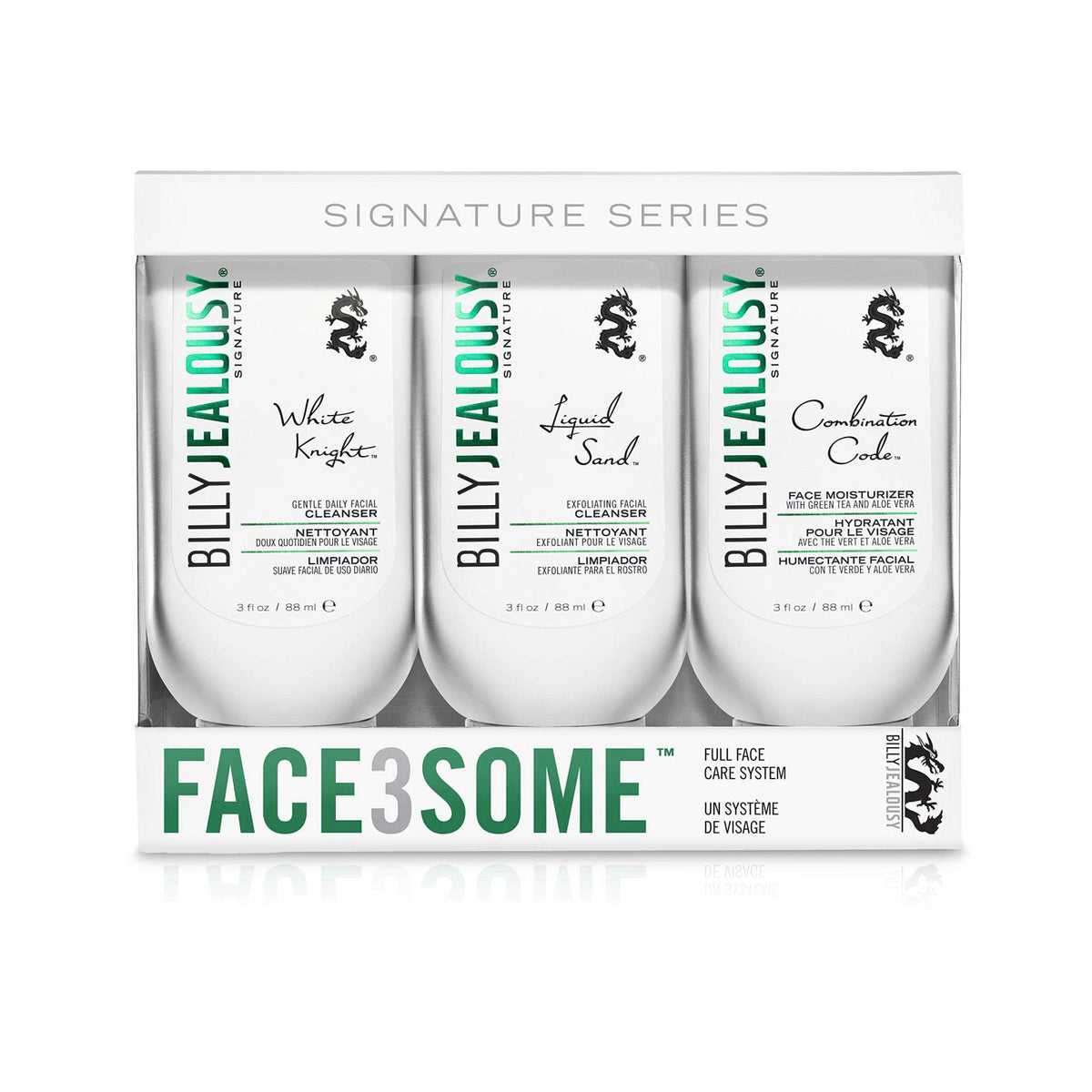 Billy Jealousy Face3Some Face Trio Vegan Mens Skin Care Kit with Travel Size Toiletries, Daily Facial Cleanser, Exfoliat