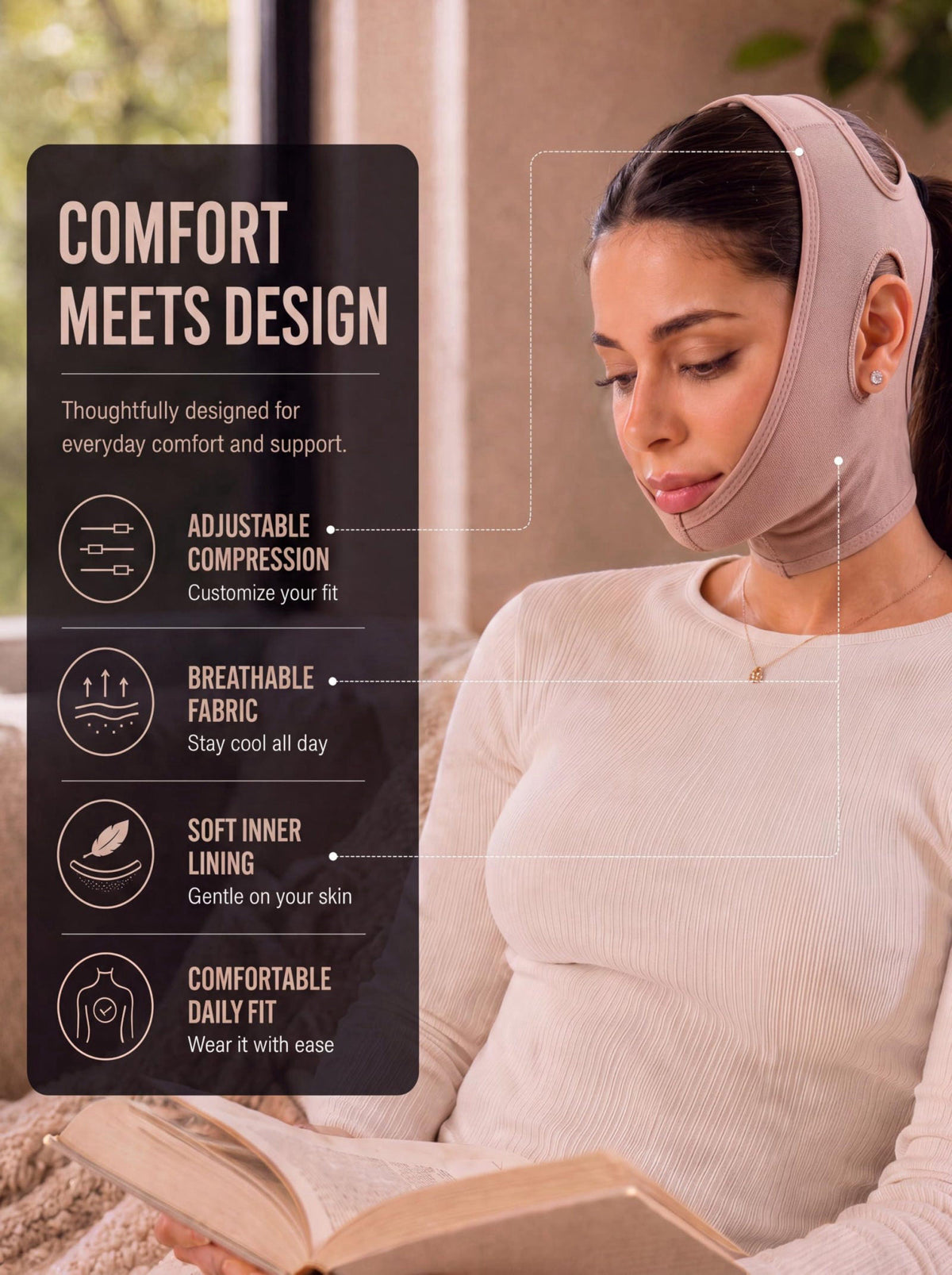 SHAPE CONCEPT 301 Chin Strap Support Band Neck Face High Compression – back view and specifications