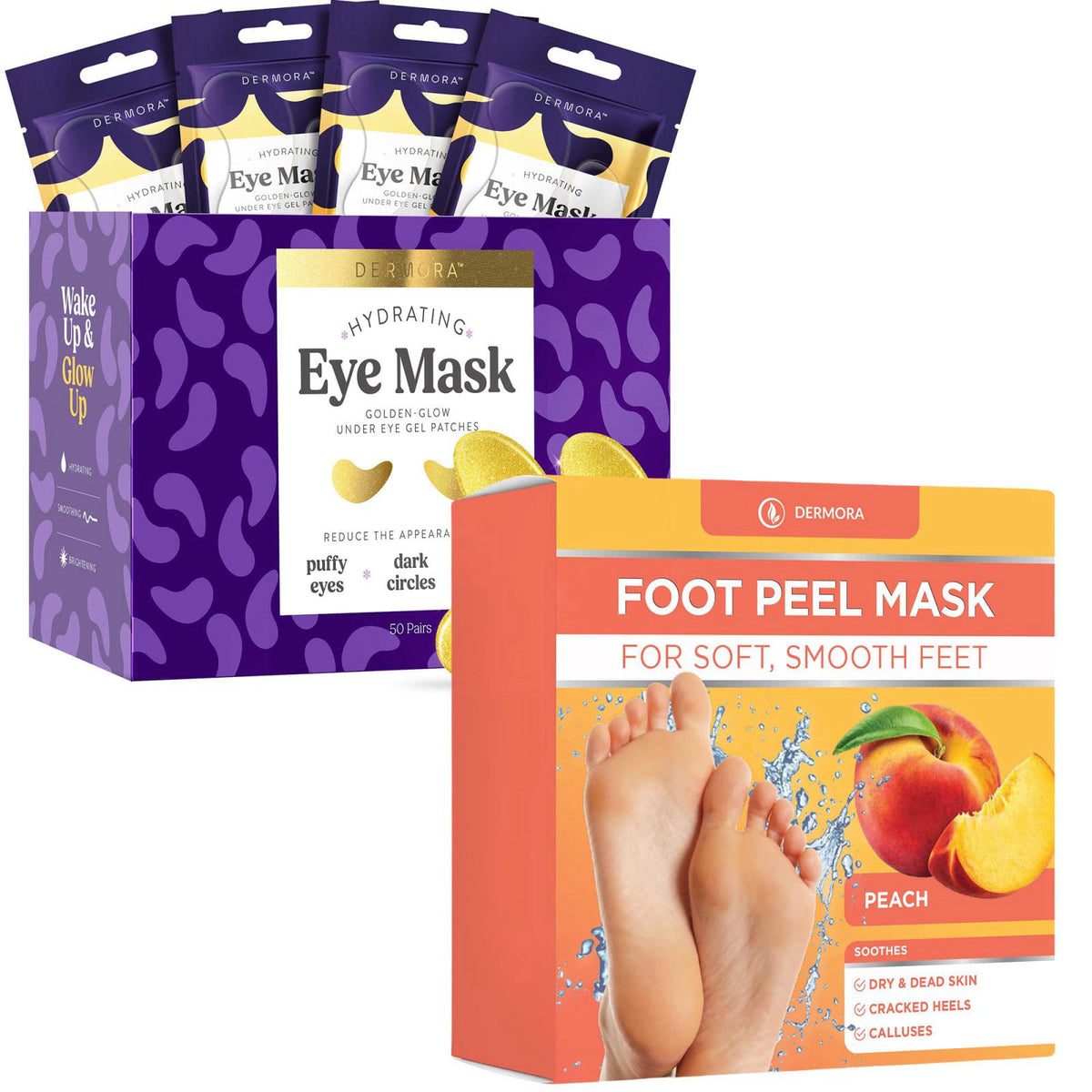 DERMORA Golden Glow Under Eye Patches 50 Pairs and Peach Foot Peel Masks 2 Pack – product photo (Masks)