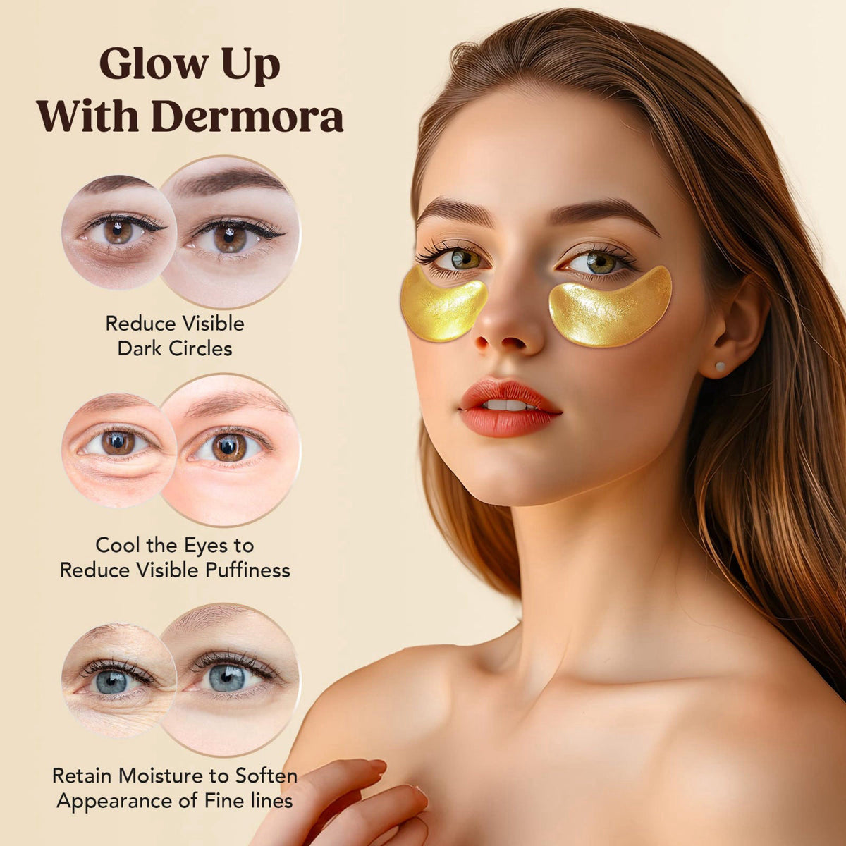 DERMORA Golden Glow Under Eye Patches 50 Pairs and Peach Foot Peel Masks 2 Pack – packaging and label