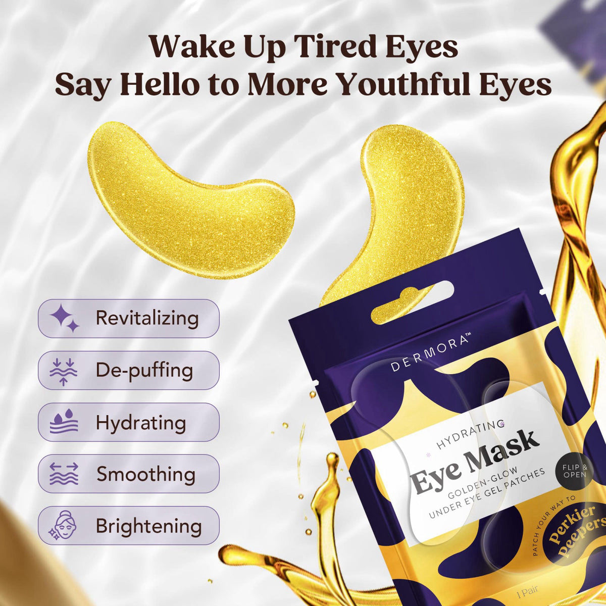 DERMORA Golden Glow Under Eye Patches 50 Pairs and Peach Foot Peel Masks 2 Pack – full view