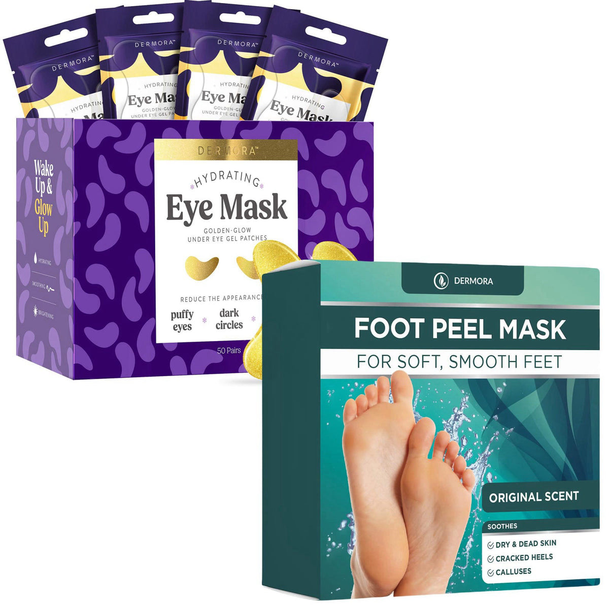 DERMORA Golden Glow Under Eye Patches 50 Pairs and Original Foot Peel Masks 2 Pack – product photo (Masks)