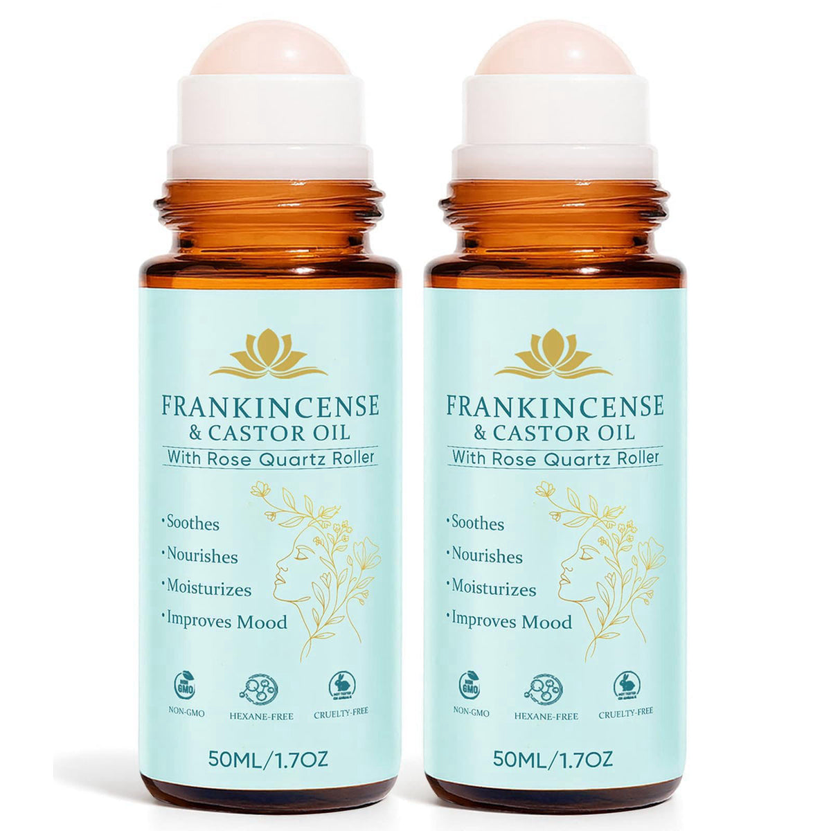 Peehss Frankincense and Castor Oil Roll On – Rose Quartz Roller Bottle, Organic Cold Pressed Castor Oil for Eyebrows, Fa