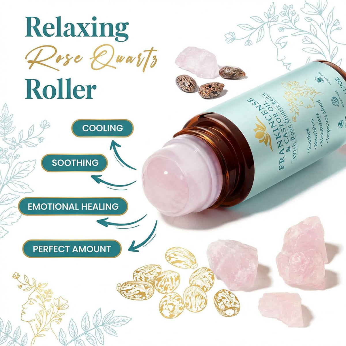 Peehss Frankincense and Castor Oil Roll On – Rose Quartz Roller Bottle, Organic Cold Pressed Castor Oil for Eyebrows, Fa