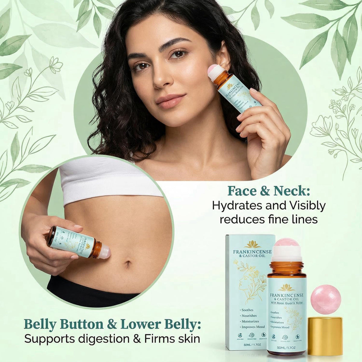 Peehss Frankincense and Castor Oil Roll On – Rose Quartz Roller Bottle, Organic Cold Pressed Castor Oil for Eyebrows, Fa